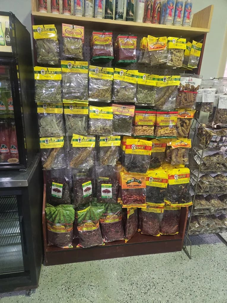 A selection of dried chiles, herbs, and Mexican spices in the market